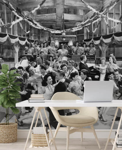 black and white photograph of a dance hall in the 1940s wallpaper