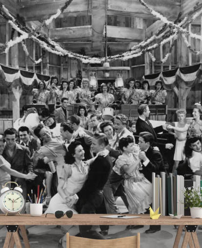 black and white photograph of a dance hall in the 1940s wallpaper