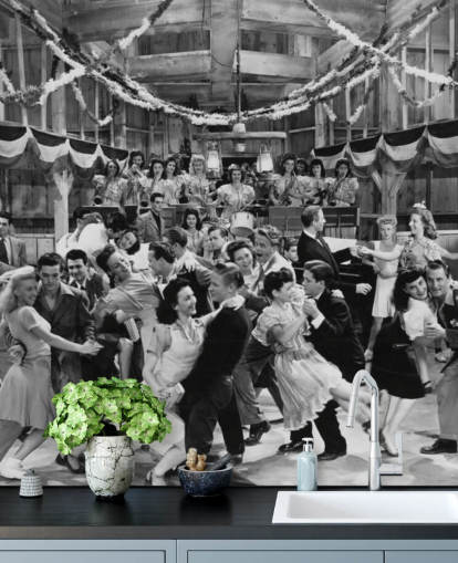 black and white photograph of a dance hall in the 1940s wallpaper