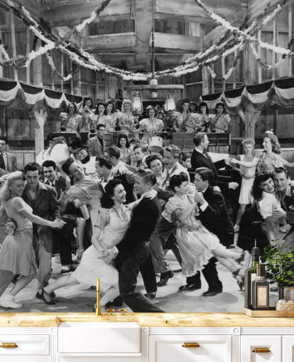black and white photograph of a dance hall in the 1940s wallpaper