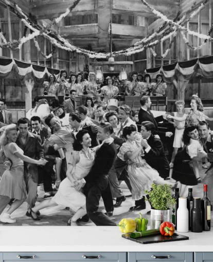 black and white photograph of a dance hall in the 1940s wallpaper