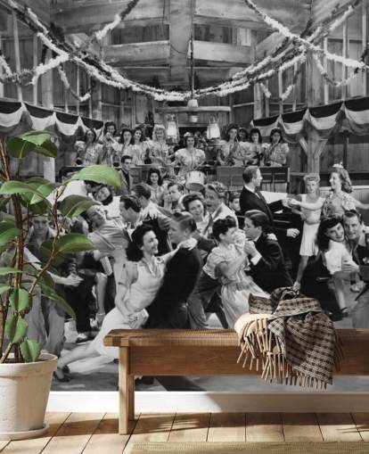 black and white photograph of a dance hall in the 1940s wallpaper