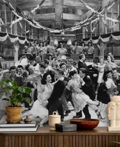black and white photograph of a dance hall in the 1940s wallpaper