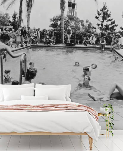 vintage black and white wallpaper mural called Pool Party for care homes