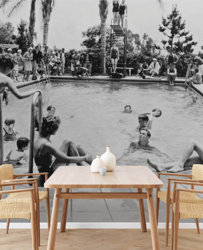 mural de papel de parede vintage preto e branco chamado Pool Party para casas de repouso mural de papel de parede vintage preto e branco chamado Pool Party para casas de repouso