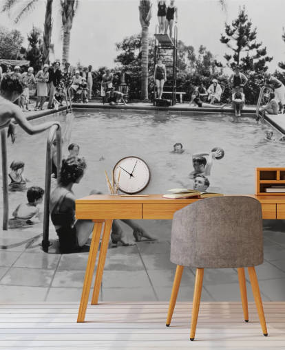 vintage black and white wallpaper mural called Pool Party for care homes