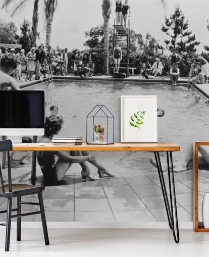 vintage black and white wallpaper mural called Pool Party for care homes vintage black and white wallpaper mural called Pool Party for care homes
