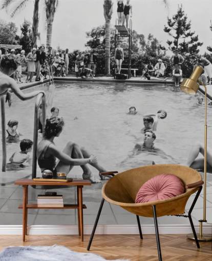 vintage black and white wallpaper mural called Pool Party for care homes