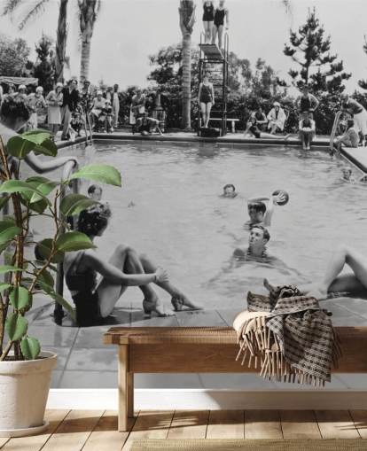 vintage black and white wallpaper mural called Pool Party for care homes