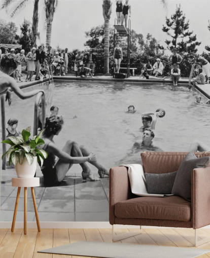 vintage black and white wallpaper mural called Pool Party for care homes