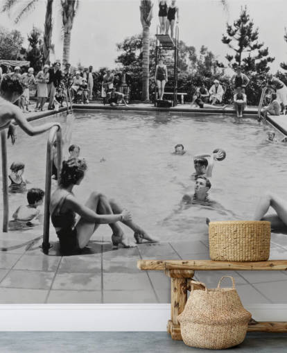 vintage black and white wallpaper mural called Pool Party for care homes