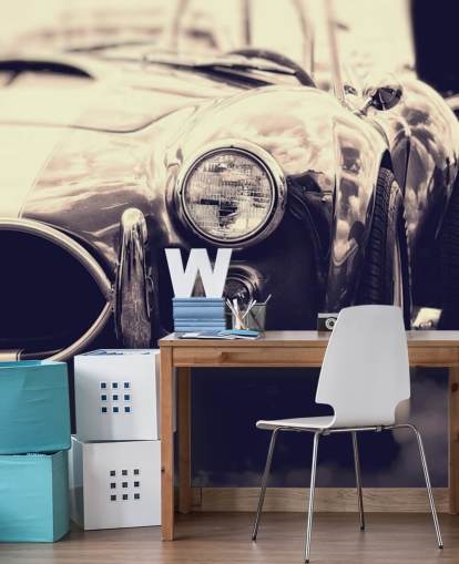 Decorazione murale con auto da corsa vintage in bianco e nero