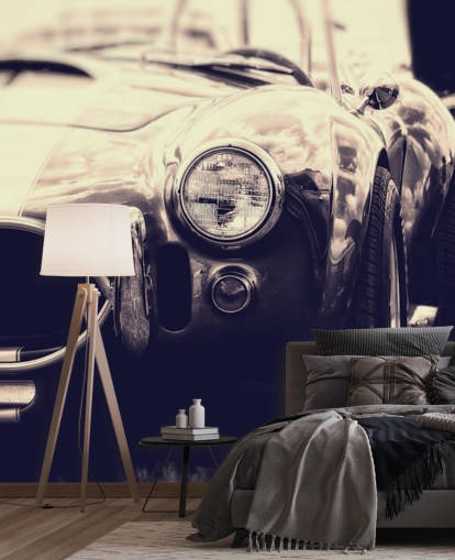 Papier Peint Fresque Voiture de Course Vintage Noir et Blanc