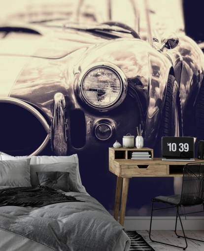 Zwart-wit vintage raceauto muurschildering