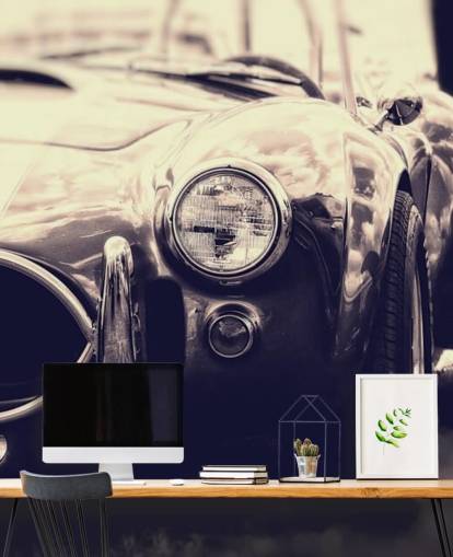 Zwart-wit vintage raceauto muurschildering