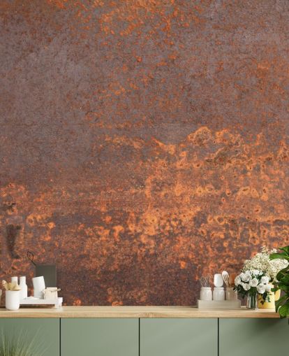 papier peint mural personnalisable en métal orange appelé Rusty Metal pour les cuisines et les salons