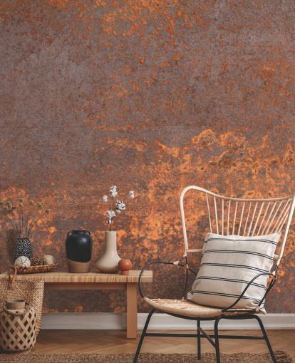 orange metall anpassningsbar tapetväggmålning kallad Rusty Metal för kök och lounger