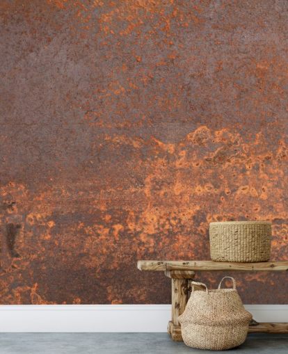 carta da parati murale personalizzabile in metallo arancione chiamata Rusty Metal per cucine e salotti