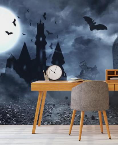 spooky graveyard and house wallpaper