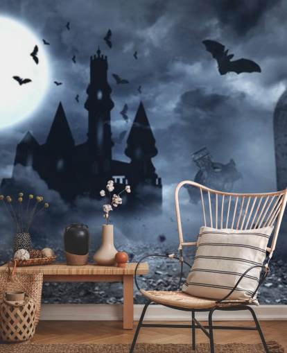 spooky graveyard and house wallpaper