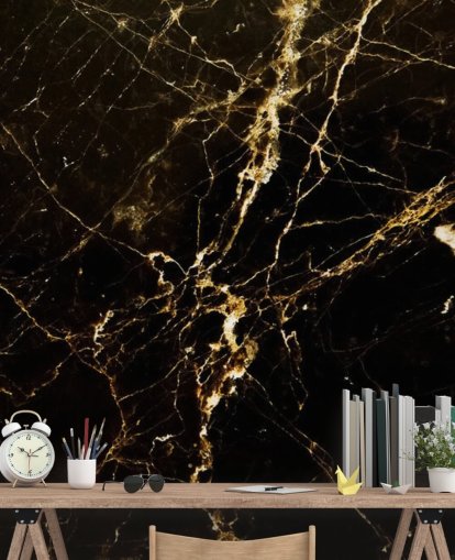 mural de papel pintado de mármol personalizable negro y dorado llamado Black and Gold Smooth para cocinas
