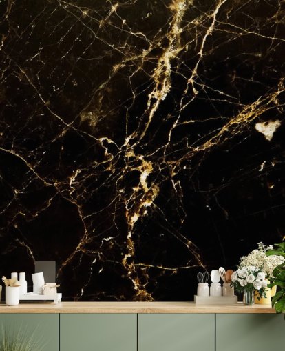 mural de papel de parede de mármore personalizável preto e dourado chamado Black and Gold Smooth para cozinhas