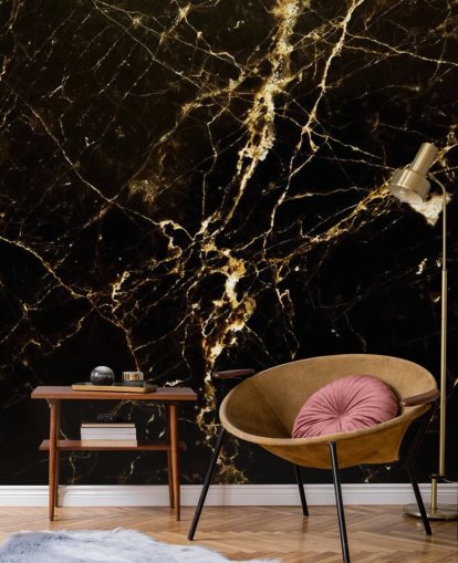 carta da parati murale in marmo nero e oro personalizzabile chiamata Black and Gold Smooth per cucine