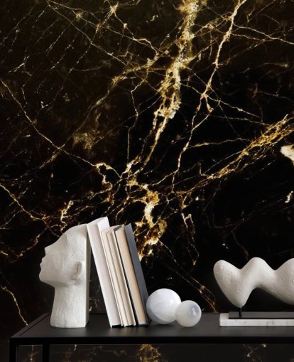 papier peint mural en marbre personnalisable noir et or appelé Black and Gold Smooth pour cuisines