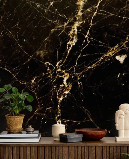 mural de papel pintado de mármol personalizable negro y dorado llamado Black and Gold Smooth para cocinas