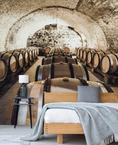 mural de papel pintado marrón en 3D llamado Wine Barrels para cocinas, bodegas y restaurantes