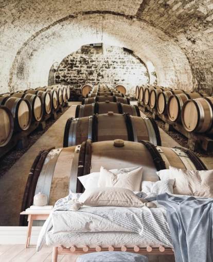 mural de papel pintado marrón en 3D llamado Wine Barrels para cocinas, bodegas y restaurantes mural de papel pintado marrón en 3D llamado Wine Barrels para cocinas, bodegas y restaurantes
