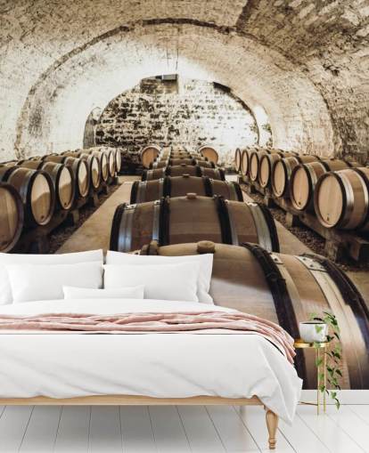 brown 3d wine wallpaper mural called Wine Barrels for kitchens, wine cellars and restaurants