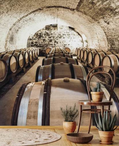 mural de papel pintado marrón en 3D llamado Wine Barrels para cocinas, bodegas y restaurantes