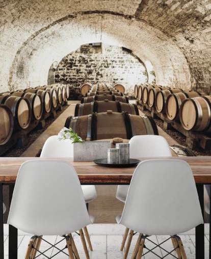 bruine 3D-wijnbehangmuurschildering genaamd Wine Barrels voor keukens, wijnkelders en restaurants bruine 3D-wijnbehangmuurschildering genaamd Wine Barrels voor keukens, wijnkelders en restaurants