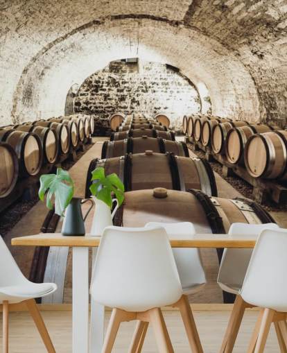 brown 3d wine wallpaper mural called Wine Barrels for kitchens, wine cellars and restaurants