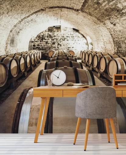 mural de papel pintado marrón en 3D llamado Wine Barrels para cocinas, bodegas y restaurantes