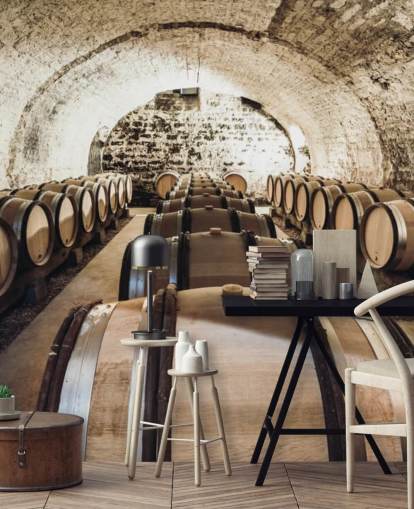 brown 3d wine wallpaper mural called Wine Barrels for kitchens, wine cellars and restaurants