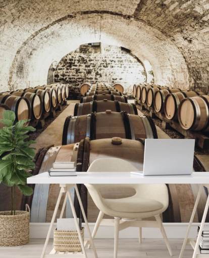 mural de papel pintado marrón en 3D llamado Wine Barrels para cocinas, bodegas y restaurantes
