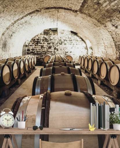 mural de papel pintado marrón en 3D llamado Wine Barrels para cocinas, bodegas y restaurantes