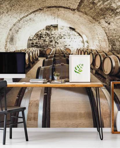 brown 3d wine wallpaper mural called Wine Barrels for kitchens, wine cellars and restaurants