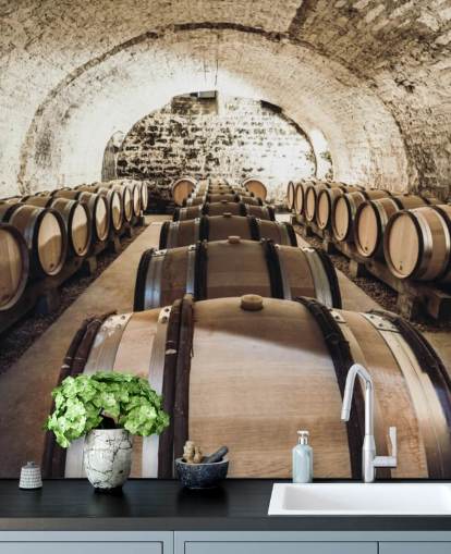 carta da parati murale con vino 3D marrone chiamato Wine Barrels per cucine, cantine e ristoranti