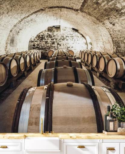 brown 3d wine wallpaper mural called Wine Barrels for kitchens, wine cellars and restaurants
