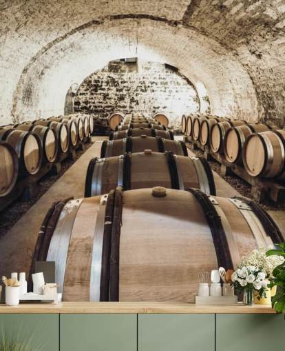 mural de papel pintado marrón en 3D llamado Wine Barrels para cocinas, bodegas y restaurantes