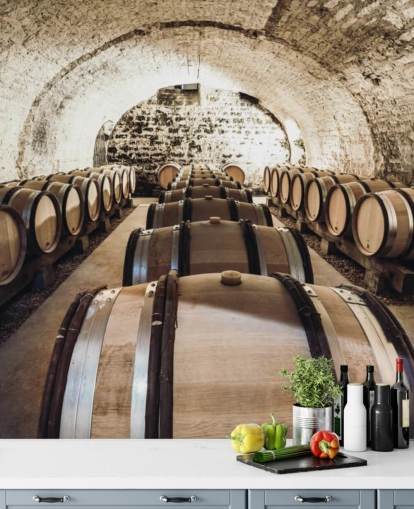 brown 3d wine wallpaper mural called Wine Barrels for kitchens, wine cellars and restaurants