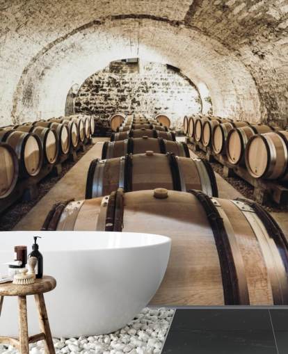 carta da parati murale con vino 3D marrone chiamato Wine Barrels per cucine, cantine e ristoranti carta da parati murale con vino 3D marrone chiamato Wine Barrels per cucine, cantine e ristoranti