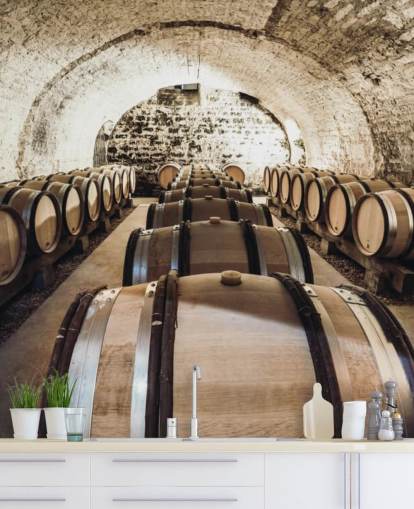brown 3d wine wallpaper mural called Wine Barrels for kitchens, wine cellars and restaurants