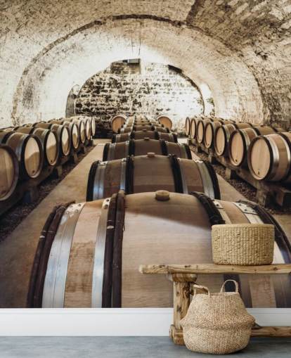 brunt 3d vin tapet vægmaleri kaldet Wine Barrels til køkkener, vinkældre og restauranter