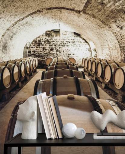 brown 3d wine wallpaper mural called Wine Barrels for kitchens, wine cellars and restaurants