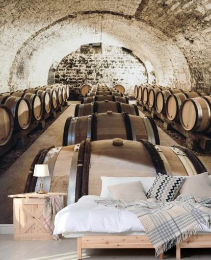 brown 3d wine wallpaper mural called Wine Barrels for kitchens, wine cellars and restaurants