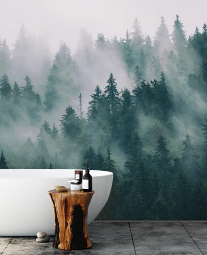 groen-witte aanpasbare bosbehangmuurschildering genaamd Smokey Misted Forest voor slaapkamers